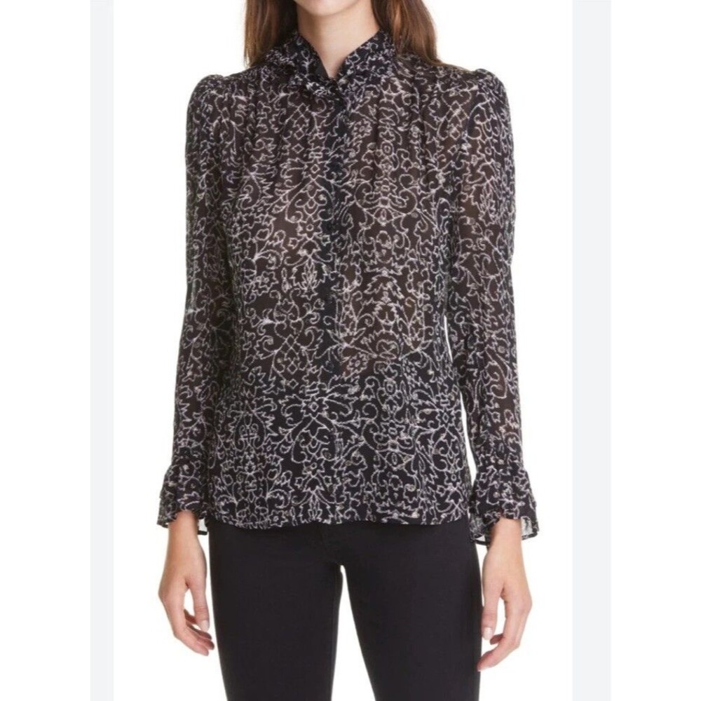 Ba&sh Amelia Blouse Womens Medium Black Metallic Floral Sheer High Neck Top